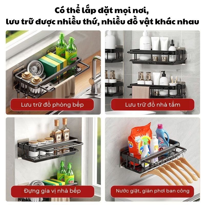 Kệ Nhà Tắm Kệ Để Đồ Đa Năng Giá Treo Khăn Nhà Bếp Kèm Miếng Dán HIGO