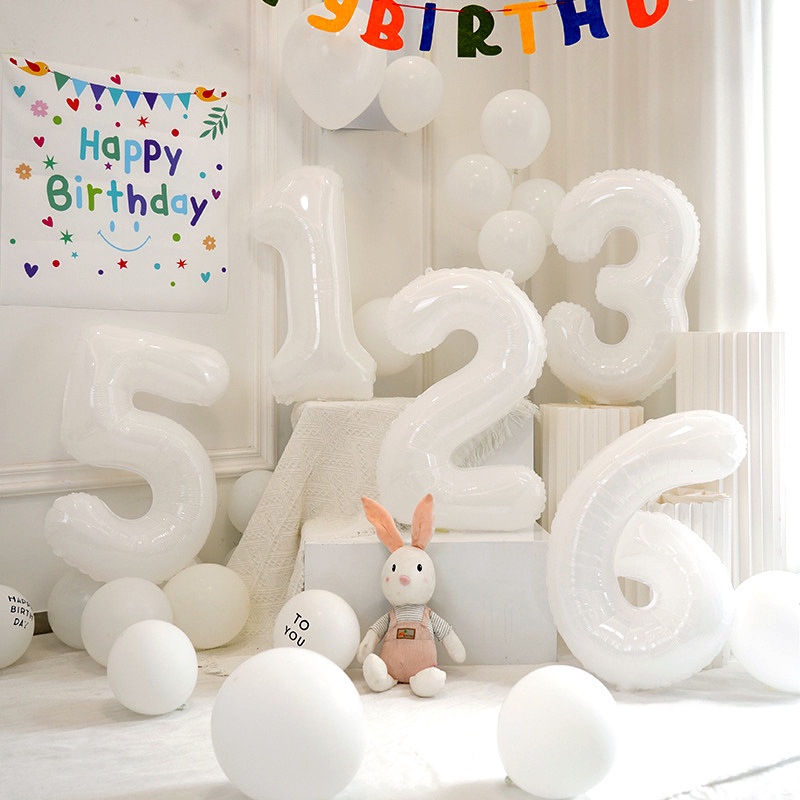 16 Inch Wedding Balloon Decoration Children's Balloon Toys Birthday Decoration Balloons White Digital Aluminum Film Balloon 0-9 Number Balloons Photography Props