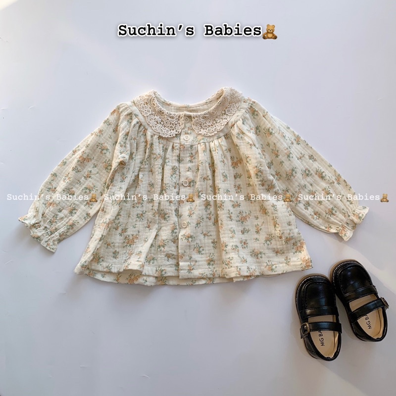 Set áo len, áo sơ mi, quần loe cho bé gái Suchin