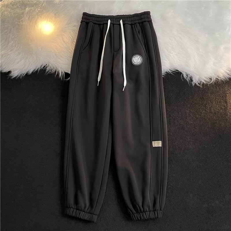 Quần Dài Thể Thao Vải Nhung Dày Màu Trơn Dáng Rộng Phong Cách hip hop Đường Phố Mỹ Hàng Mới