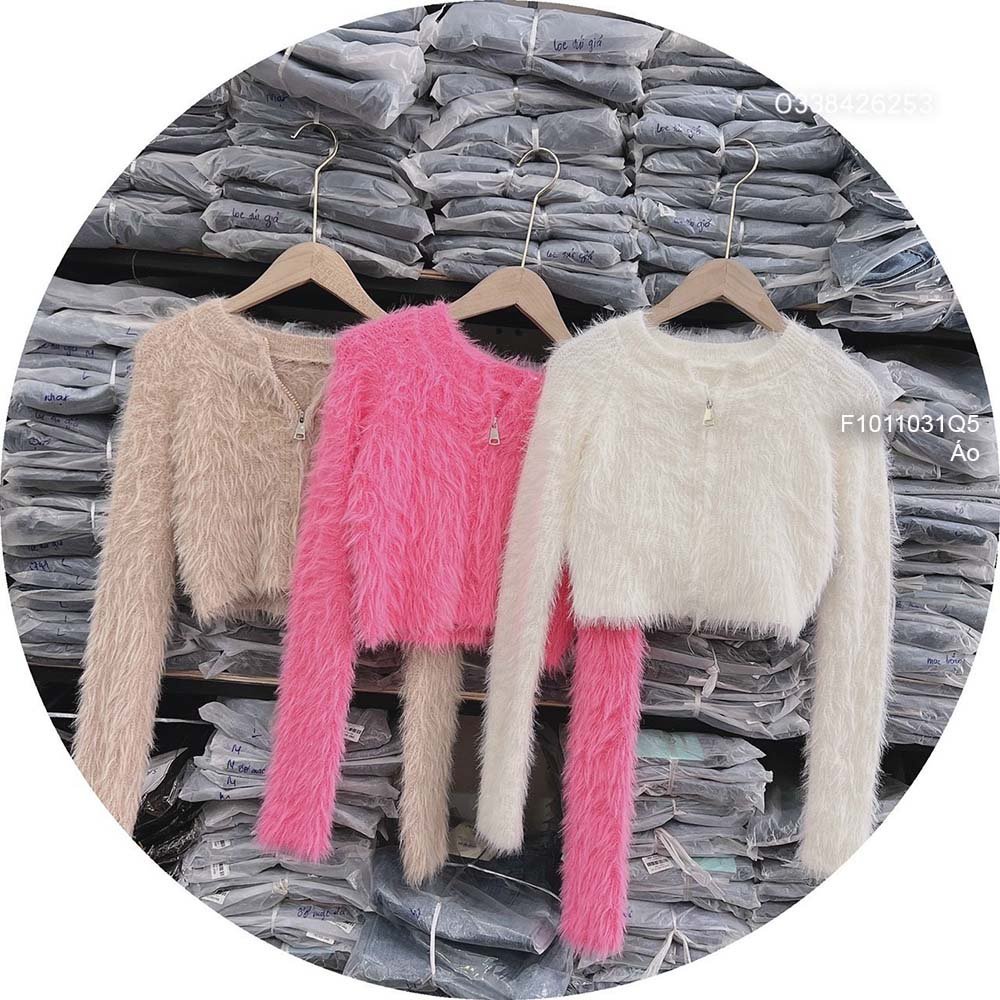 Áo kiểu len lông croptop kéo khóa kiểu bẹt vai tay dài hàng QC!