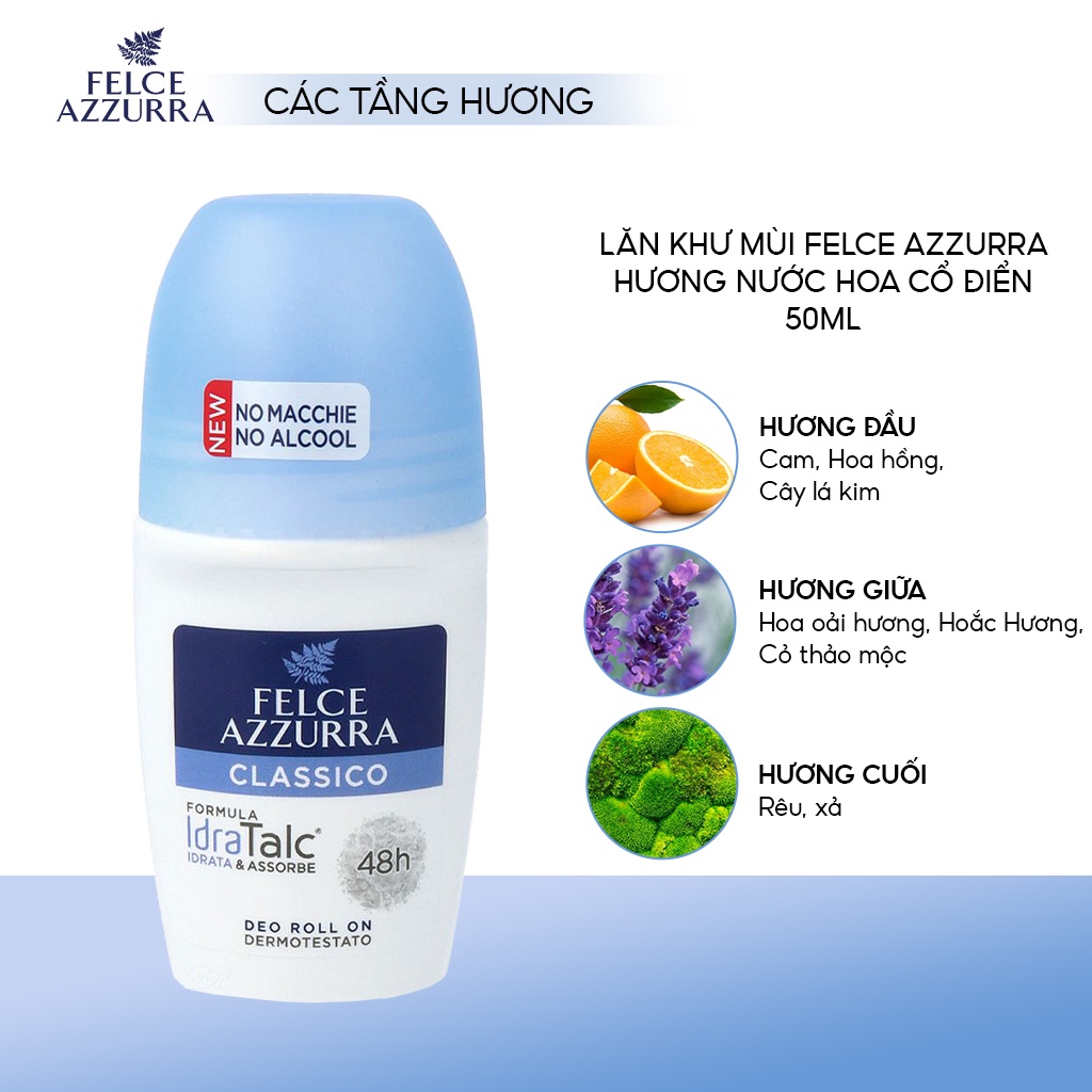 Lăn Khử Mùi Nữ FELCE AZZURRA Hương Nước Hoa Cổ Điển Tinh Chất Thảo Mộc & Cỏ Sả Thư Giãn, Ngăn Mùi 48h 50ml - 80818199