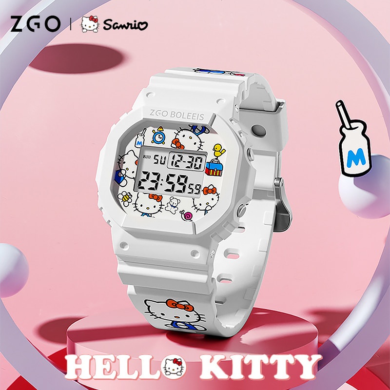 Sanrio Đồng Hồ Điện Tử Đeo Tay Mặt Vuông Nhỏ 50M Họa Tiết Graffiti Đơn Giản Chống Thấm Nước Cho Bé Gái
