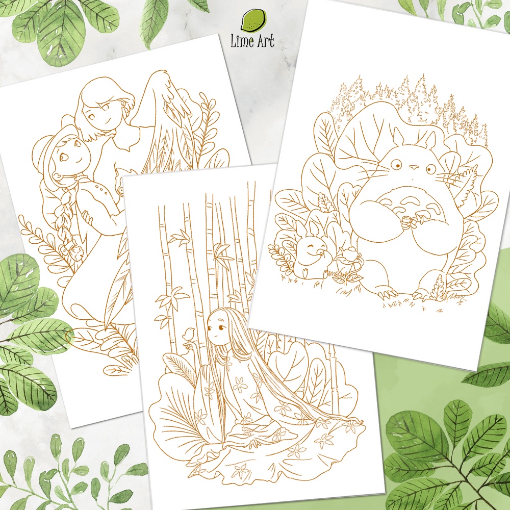 Tranh tô màu / Tranh tô màu nước Ghibli họa sĩ Three Leaves / Line Art / Khổ A5 A4 dày 300gsm