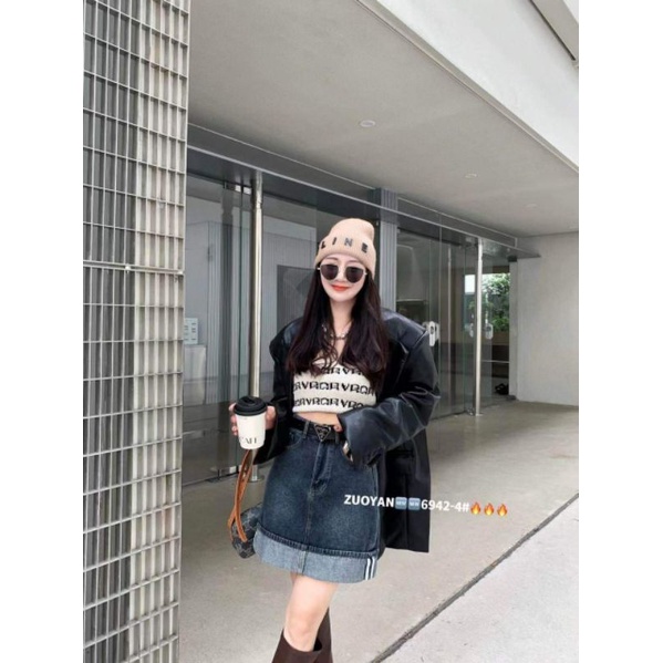 Chân váy jeans gập gấu kèm đai hàng QCL1