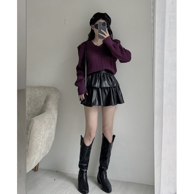 [NEW]ÁO LEN THỪNG CROPTOP CỔ V CÓ ĐỆM VAI 7611