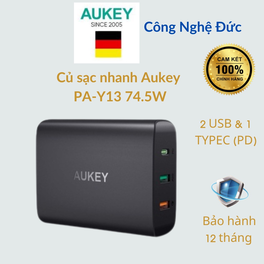 Củ sạc, Cốc sạc nhanh Aukey PA-Y13 74.5W 3 cổng USB-C Power Delivery PD 3.0 (60W) và Quick Charge 3.0 + AI Power