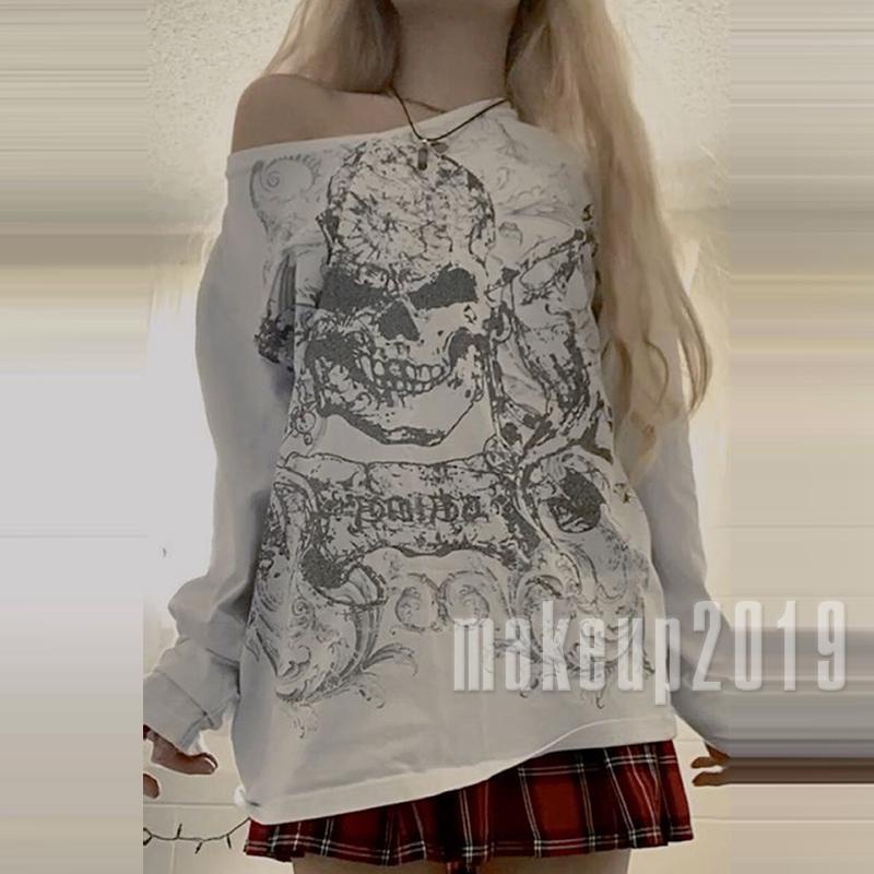 Áo Thun Nữ Trễ Vai Dài Tay In Hình Đầu Lâu Thời Trang Mu-Y2K Grunge
