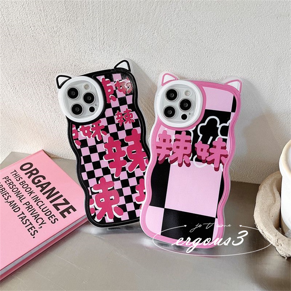 Cat EarỐp Điện Thoại Tpu Dẻo Họa Tiết Kẻ Ô Vuông Đen Hồng Cho IPhone 14 13 12 11 Pro Max SE2020 X XR Xs Max 7 8 6 6s Plus