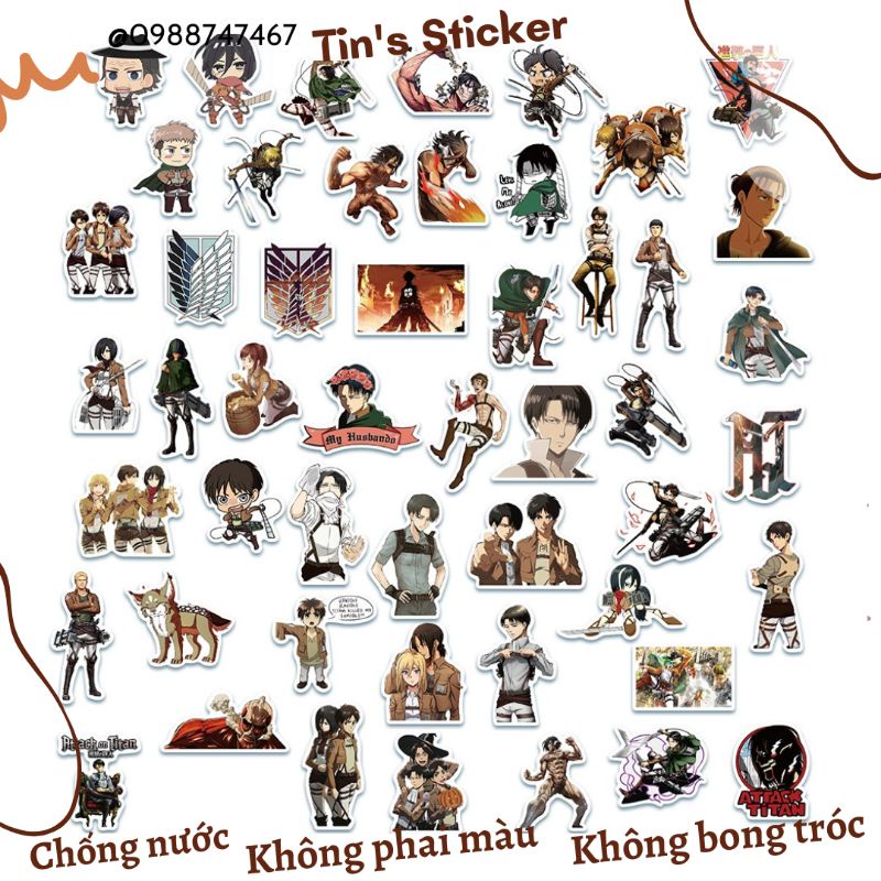 Set combo 50 miếng dán sticker anime Attack on Titan hoạt hình Đại chiến Titan chống thấm dán mũ bảo hiểm laptop vali