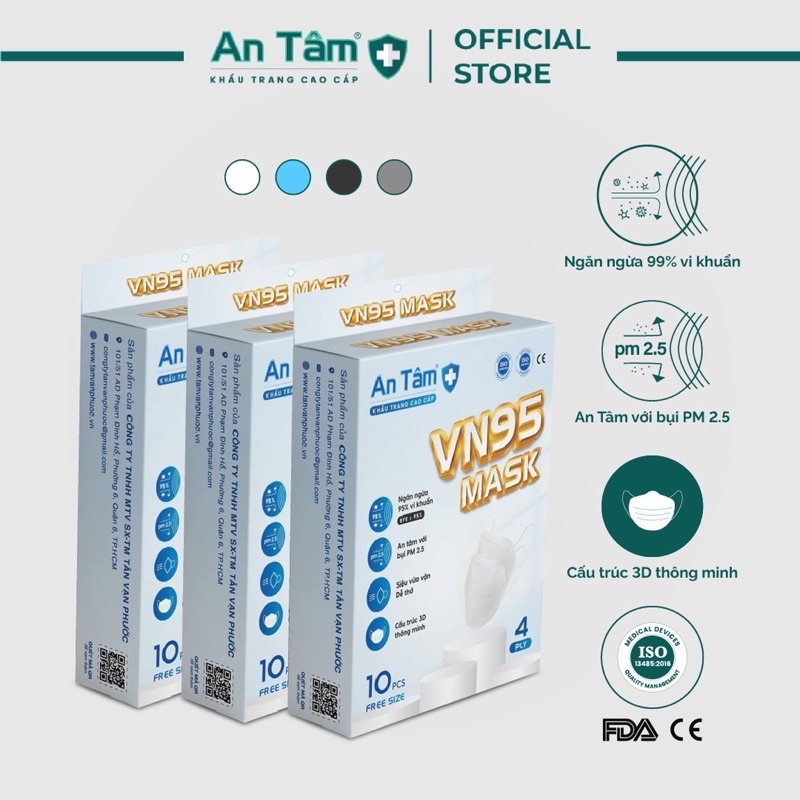 Khẩu Trang Cao cấp VN95 An Tâm-  1 hộp 10 cái - Kháng > 95% vi khuẩn- Màu Xám