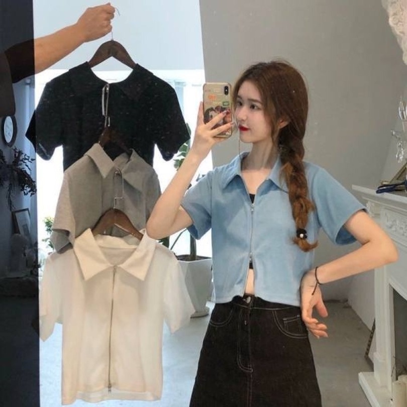 GENAISHA Áo Tay Ngắn Cổ Bẻ Có Dây Kéo Màu Sắc Thanh Lịch Phong Cách Hàn Quốc Cho Nữ