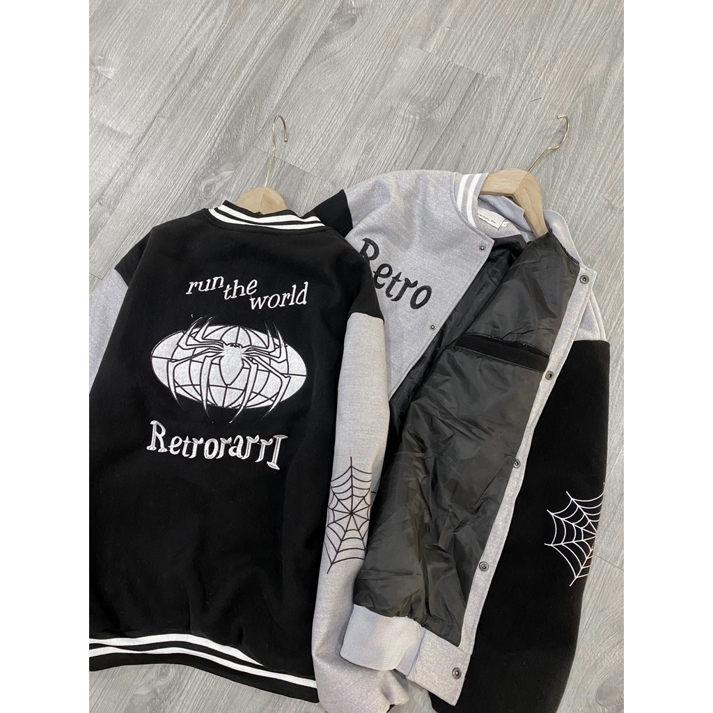 Áo Khoác Bomber Varsity Nỉ Dạ Spider Hình Thêu Full Áo Phối 2 Màu Đen Xám Nam Nữ Unisex