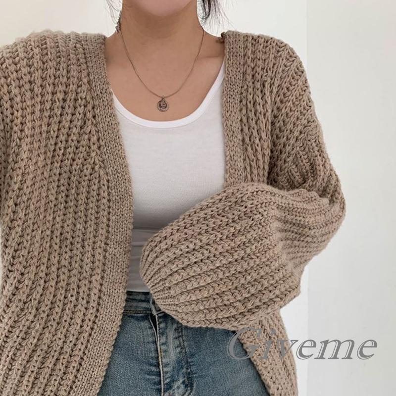 Áo Khoác Cardigan Dệt Kim Tay Phồng Màu Trơn Dáng Rộng Phía Trước Cho Nữ Giới