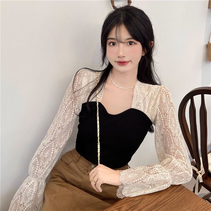 Jiashucheng Áo Thun Tay Dài Cổ Vuông Phối Ren Siêu Nữ Tính Phong Cách Mới Mùa Thu