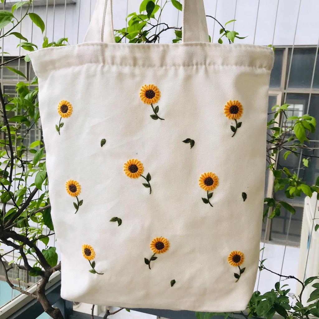 Túi canvas, túi tote thêu tay MIA hướng dương(có khóa)