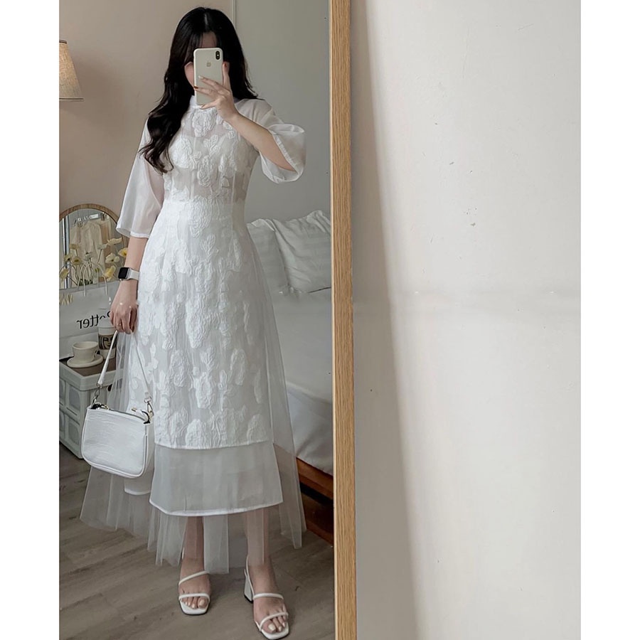 Set Áo Dài Thiết Kế Cách Tân Vải Ren Họa Tiết Hoa Cao Cấp M213 - Lolla Fashion