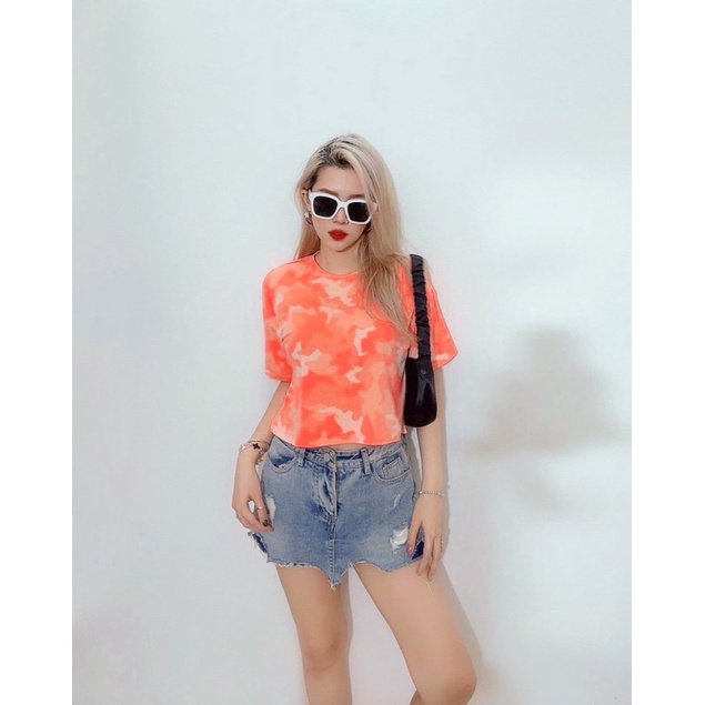 Áo thun croptop cánh dơi rộng thun cotton lính cam