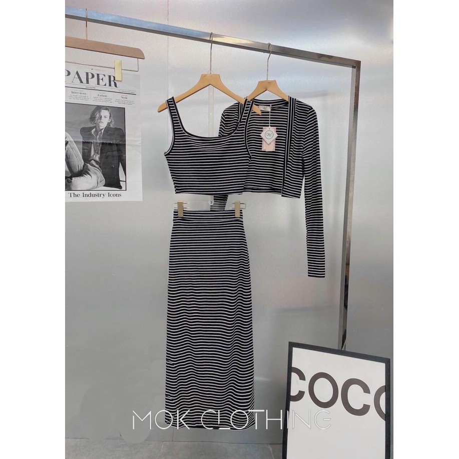 [12/12 Sale Freeship] Set bộ ba món nữ,set bộ chất thun gân áo hai dây trong kèm áo khoác dài tay mix chân váy dài mtb