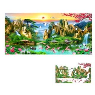 Tranh thêu chữ thập phong cảnh thiên thiên lưu thuỷ sinh tài LV3329 LV3330 LV3331_ Chưa thêu