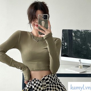 Kamyl áo croptop tay dài cổ tròn nữ basic thun gân kiểu ulzzang ôm body-có thể chọn nhiều màu