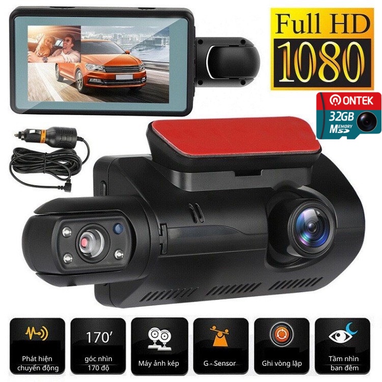 Camera hành trình ô tô ONTEK A68 quay đồng thời trước và trong xe ống kính 360 độ ghi hình DVR 1080P hồng ngoại ban đêm