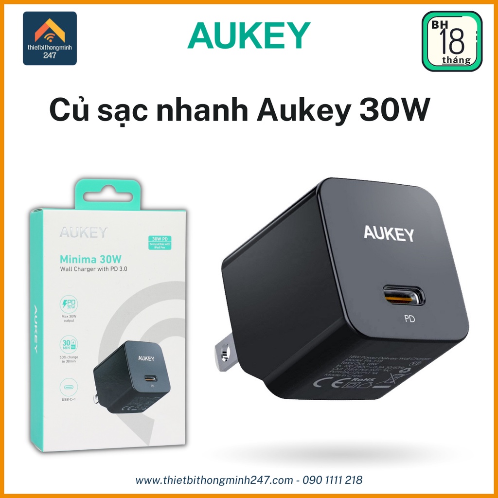 Củ sạc nhanh (Fast Charge) 30W Aukey PA Y30S PD 3.0 Cổng USB-Cx1