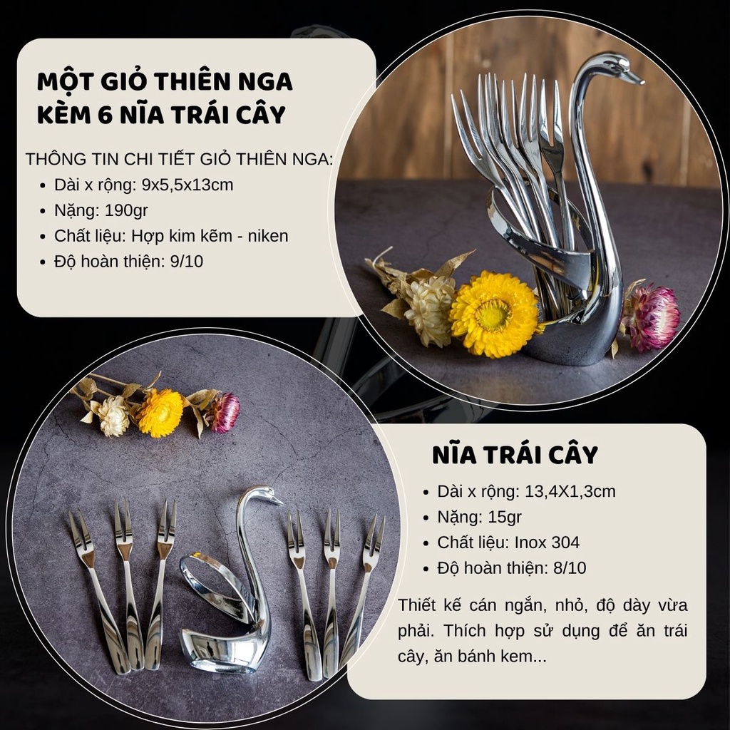 [Sale] Set giỏ thiên nga trang trí DandiHome kiêm đựng và 6 nĩa trái cây Inox 304 cao cấp