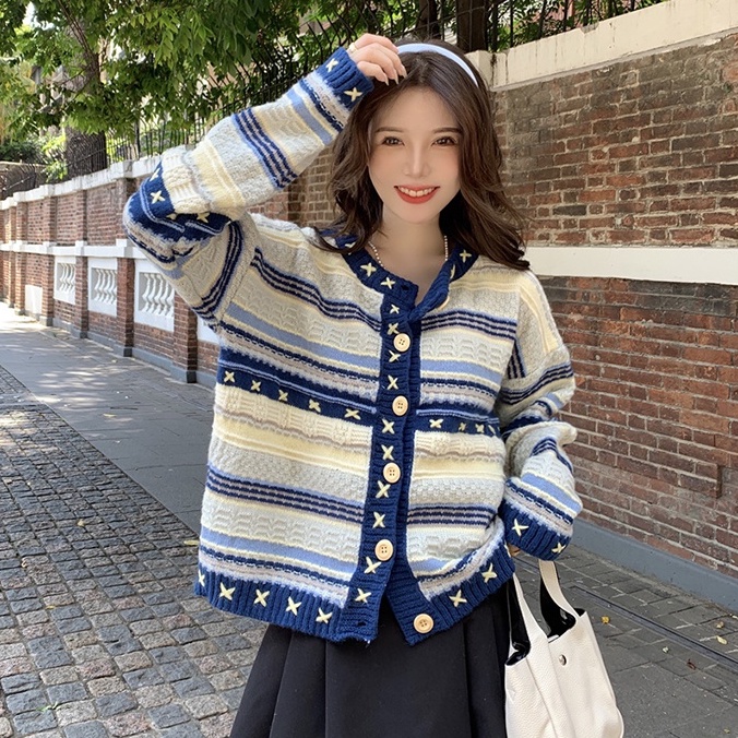 Áo khoác len nữ dài tay cổ tròn phối màu vintage, áo khoát len cardigan nữ phong cách hàn quốc 6434