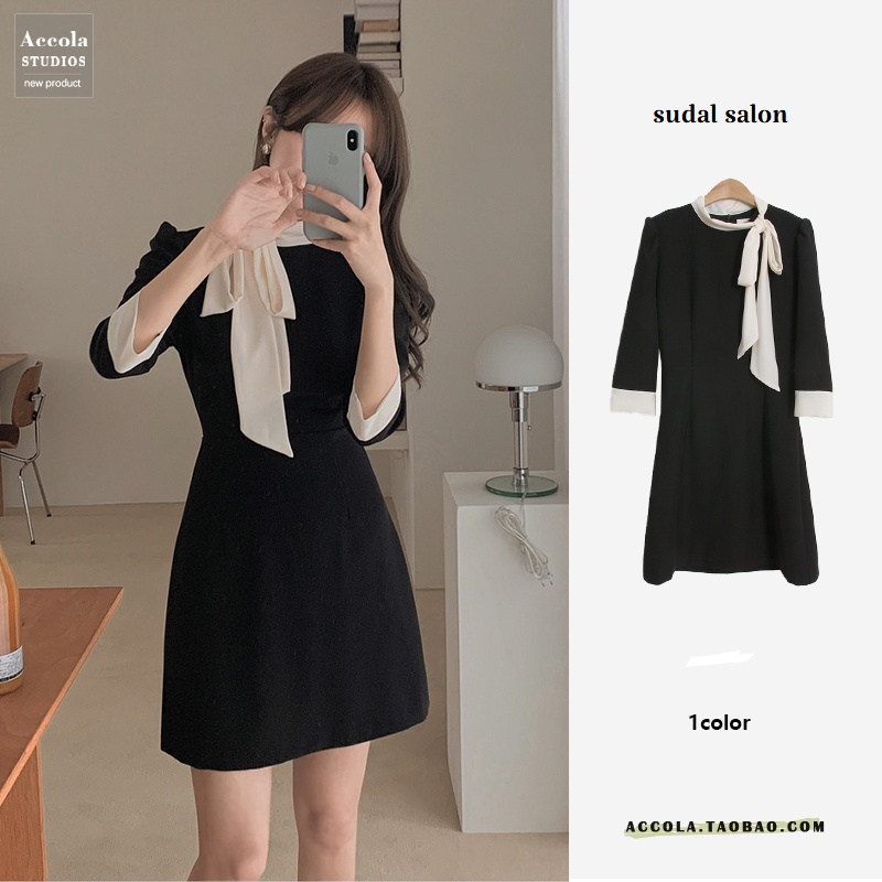 (ORDER) Váy MORAN tay lỡ màu đen cổ phố voan thắt nơ màu trắng tiểu thư nhẹ nhàng công sở