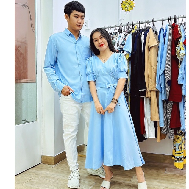 Đồ đôi nam nữ cao cấp gồm váy và áo sơ mi hình thật shop tự chụp
