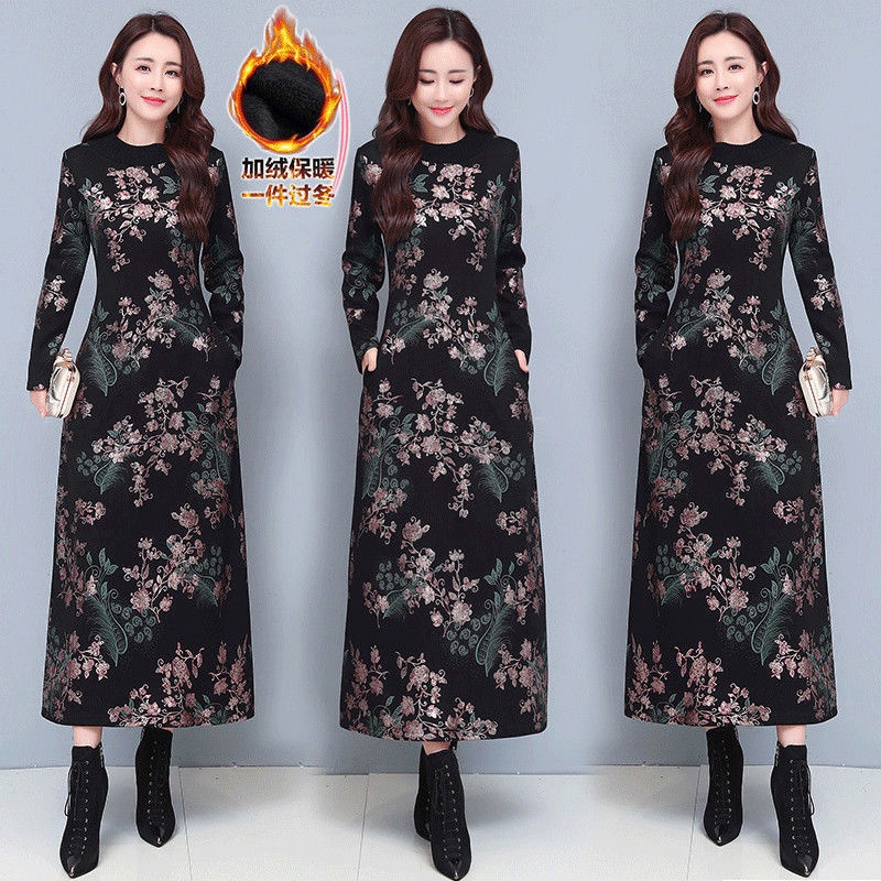 Đầm Nỉ Dáng Dài Thiết Kế Mới 2022 Thời Trang Mùa Thu Đông Dành Cho Phụ Nữ Trung Niên