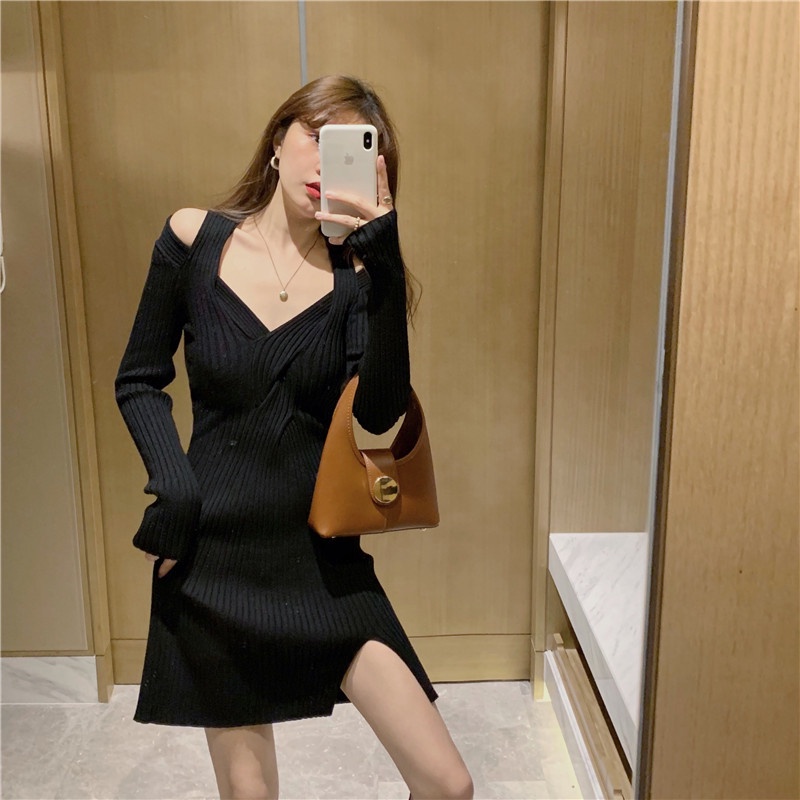Váy len body đầm dệt kim ôm tay dài kiểu vắt cổ xoắn ngực trễ vai xẻ tà sexy cho nữ LUHAZO hàng Quảng Châu đẹp