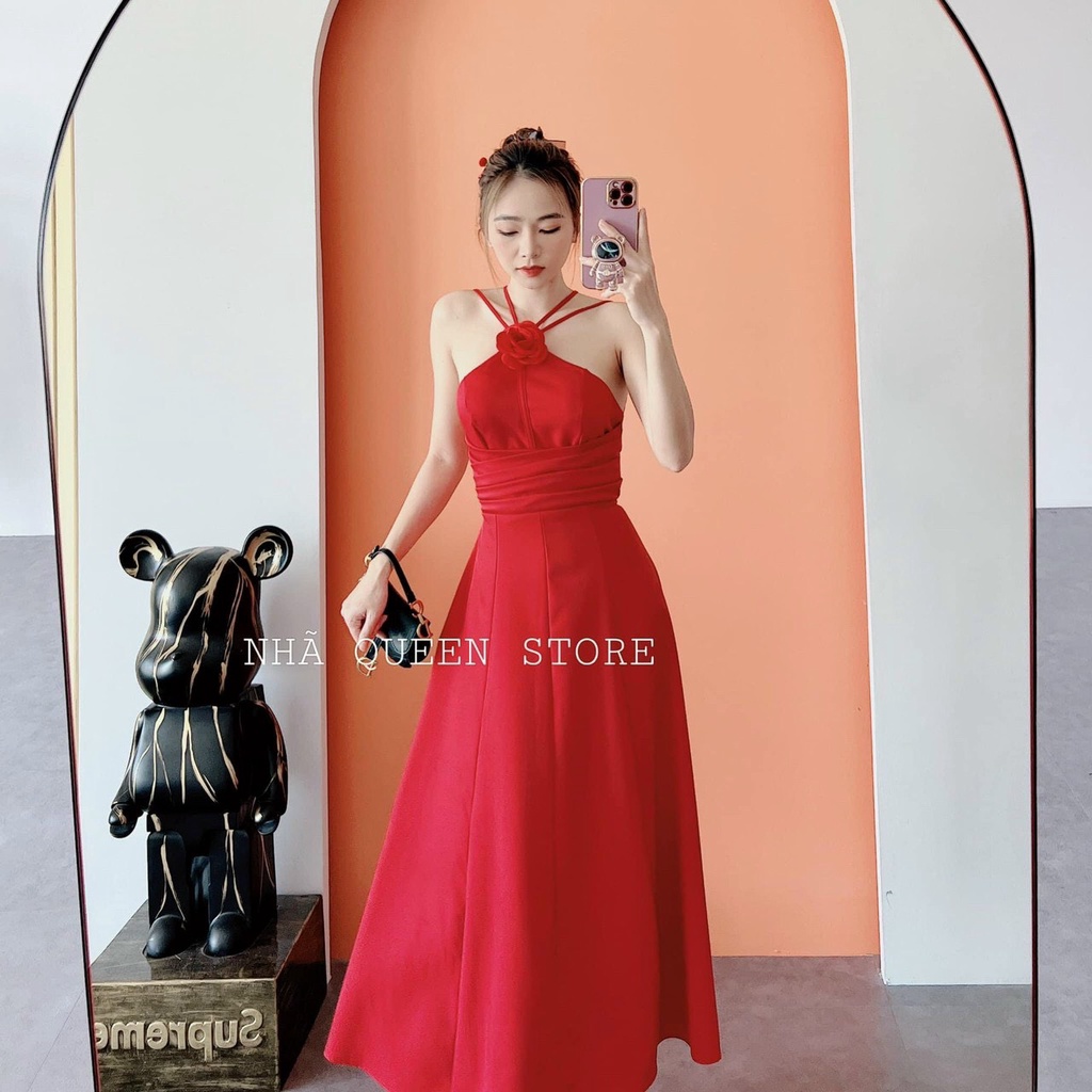 Đầm Váy Nữ Cổ Đan Dây Kết Bông Hoa Xếp Ly Eo  Thiết Kế Sang Chảnh Đi Làm Công Sở, Dạ Hội Và Du Lịch