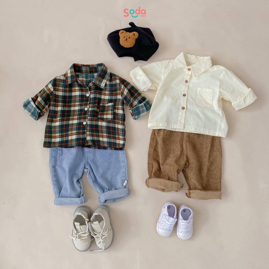 Áo sơ mi cho bé SODA KIDS thiết kế túi ngực phong cách Hàn Quốc, chất liệu thô mềm mới nhất 2022
