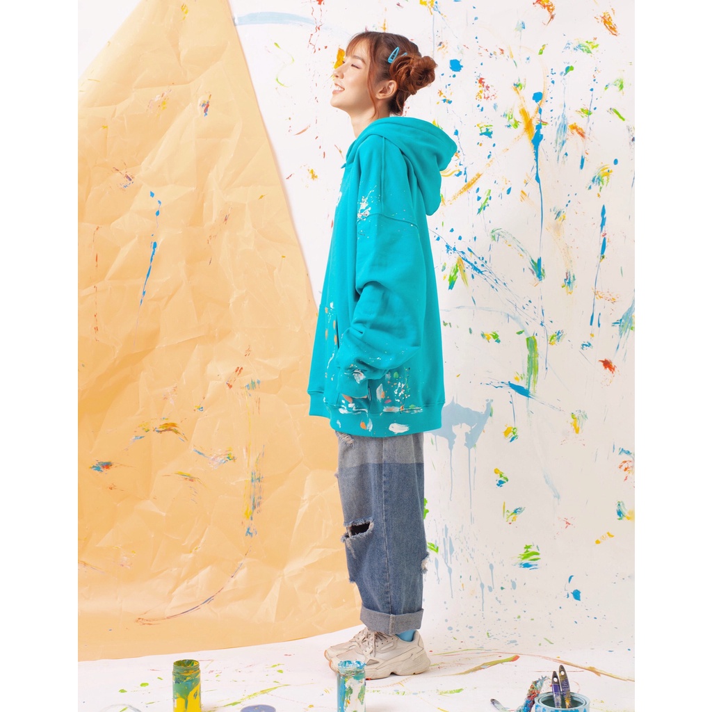 LOCAL BRAND REE - ÁO HOODIE VẨY SƠN THỦ CÔNG MÀU XANH