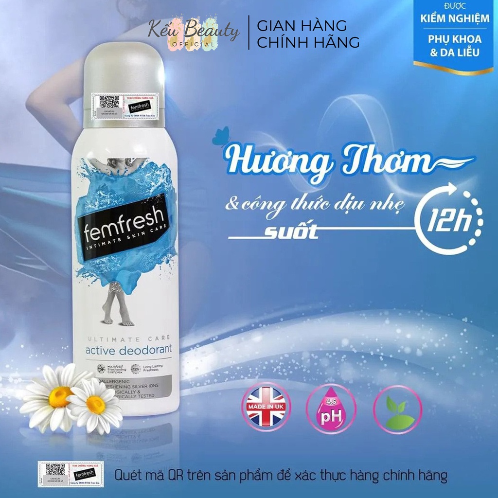 Xịt Thơm Mát, Khử Mùi Vùng Kín Chứa Ion Bạc Lưu Hương Suốt 12h Femfresh Deodorant Spray 125ml