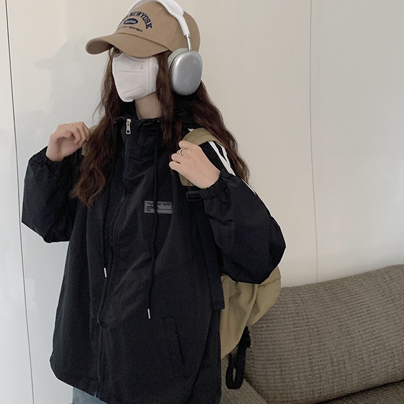IELGY  Áo Khoác Tay Dài Có Nón Dáng Rộng Màu Sắc Tương Phản Phong Cách Hàn Quốc Cho Nữ