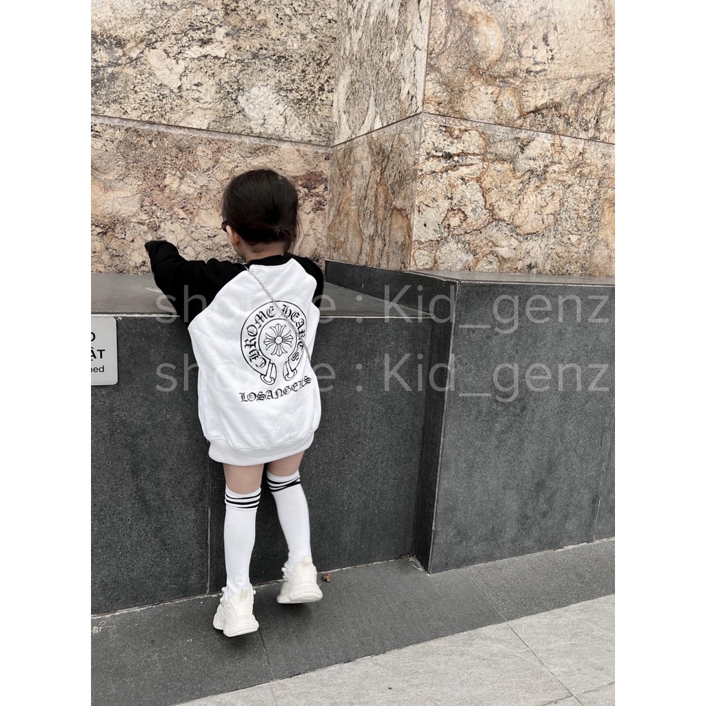 Áo nỉ phối tay họa tiết tròn chorme hear cho bé ,áo sweater unisex trẻ em,Kid_genZ