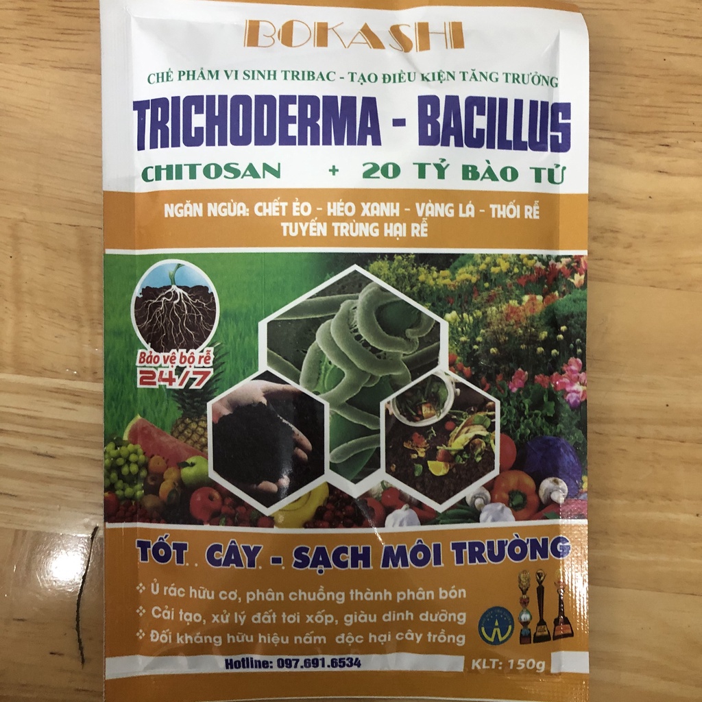Trichoderma Bacillus 150g, ủ phân chuồng, cải tạo đất, đối kháng nấm bệnh, ngăn ngừa vàng lá thối rễ, tuyến trùng hại rễ