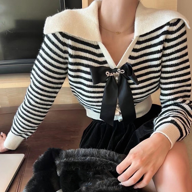 IELGYÁo sweater Dệt Kim Kẻ Sọc Đính Nơ Xinh Xắn Cho Nữ