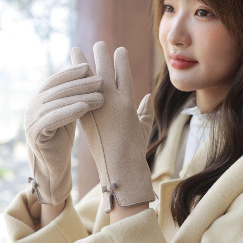 Đôi Găng Tay Len Nhung Mềm Đính Nơ Có Thể Sử Dụng Màn Hình Cảm Ứng Dành Cho Nữ