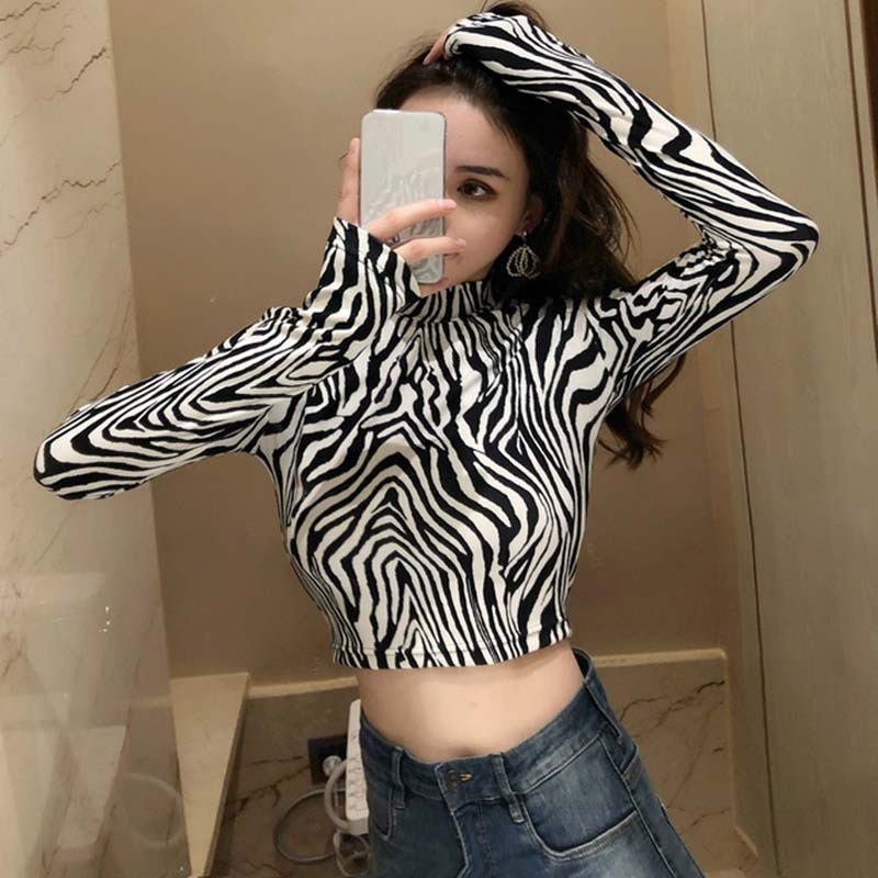 Áo Croptop tay dài hoạ tiết da báo/ngựa vằn gợi cảm cho nữ