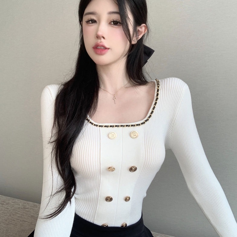 COZOK Áo Dệt Kim Tay Dài Cổ Vuông Dáng Ôm Quyến Rũ Thời Trang Cho Nữ