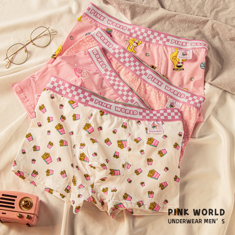 Quần Lót Boxer Cotton Thoáng Khí Màu Hồng Dễ Thương Cho Nam