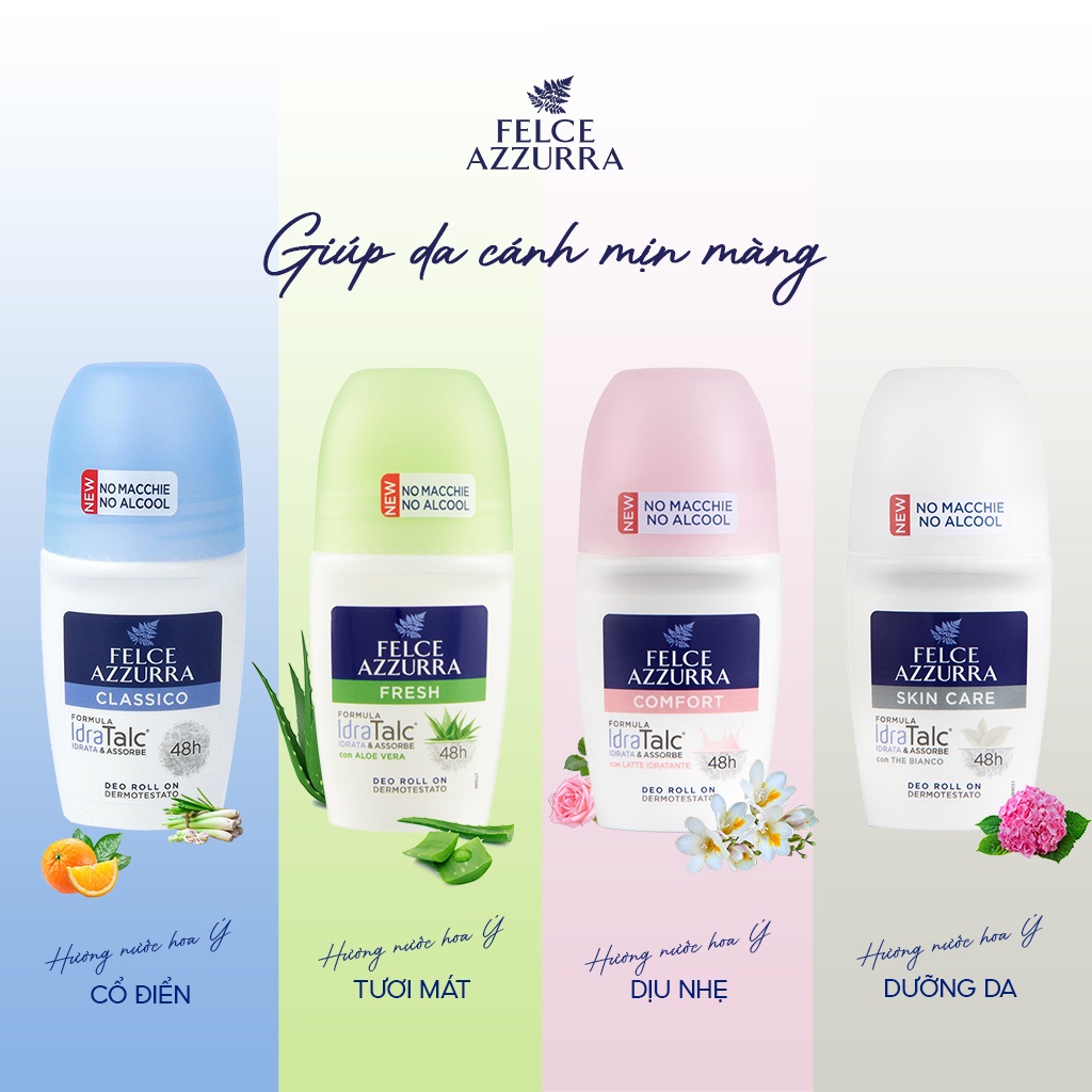 Lăn Khử Mùi Nữ FELCE AZZURRA Hương Nước Hoa Comfort Dưỡng Ẩm, Ngăn Mùi 48h 50ml - 80820901