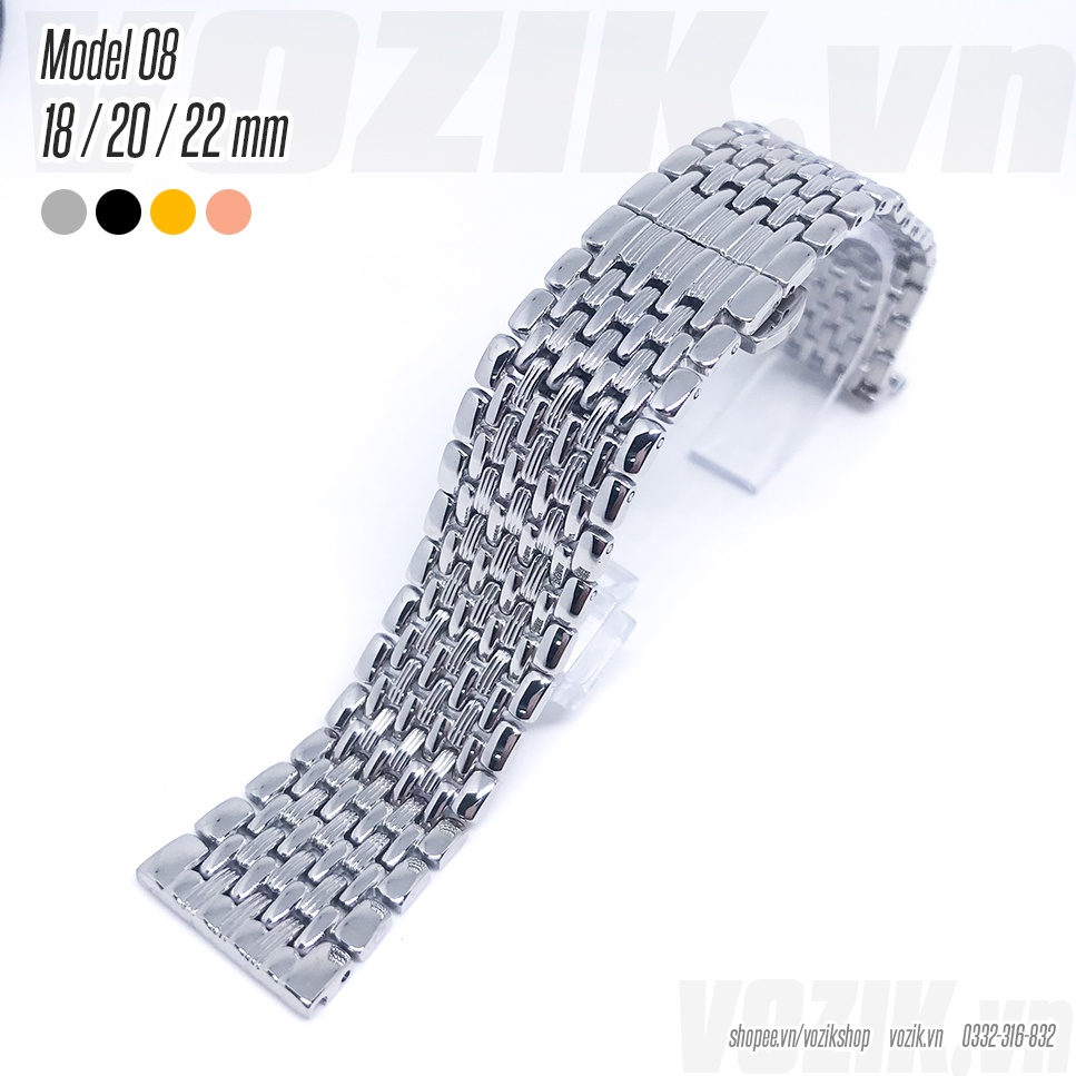 Dây đồng hồ thép không gỉ inox 316 model 08 kiểu khóa bấm chống han gỉ (18mm 20mm 22mm)