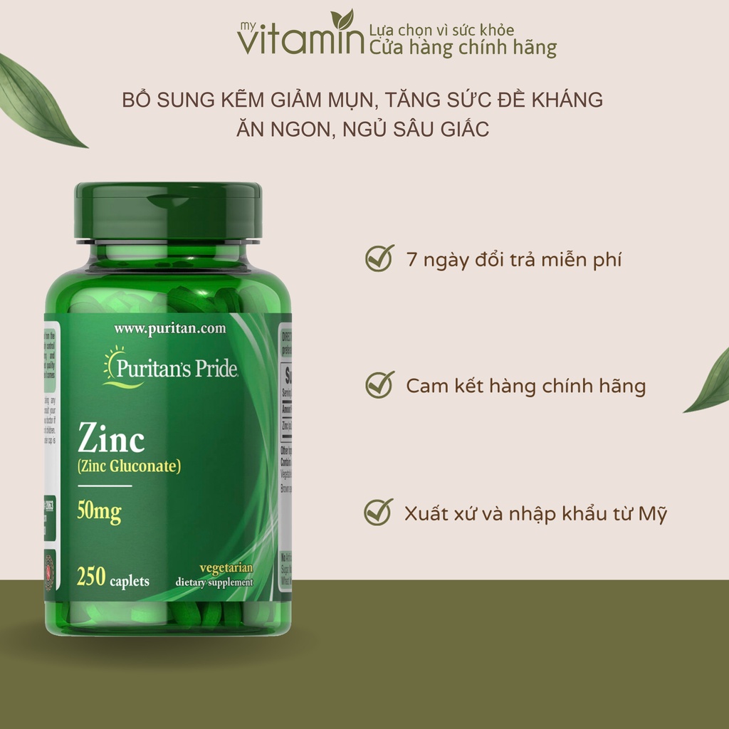 Viên Uống Kẽm Giảm Mụn, Tăng Sức Đề Kháng Zinc Gluconate -Puritan's Pride