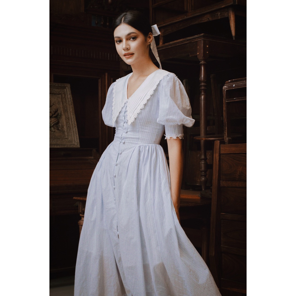 Váy xoè vintage cổ thuỷ thủ The Country Daydream Blue Dress vải cotton phối hoa