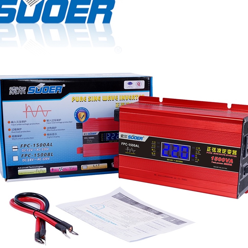 Chuyển đổi nguồn điện sin chuẩn SUOER 1500W 12V sang 220v .1500AL có màn hình đồng hồ LCD